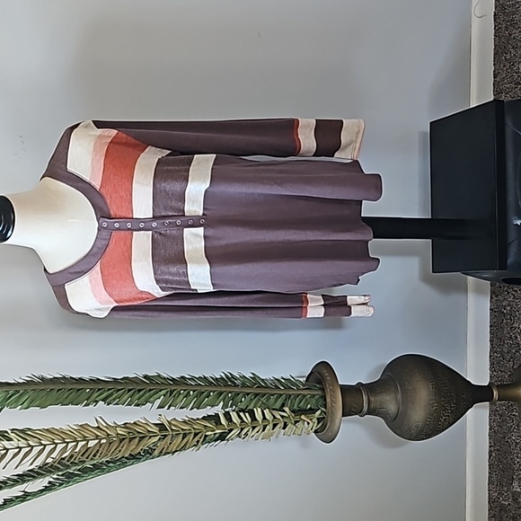 Maurices Brown Henley Long Sleeve Tee with Pink, Rust, and Off-white Stripes NWT - Picture 2 of 14